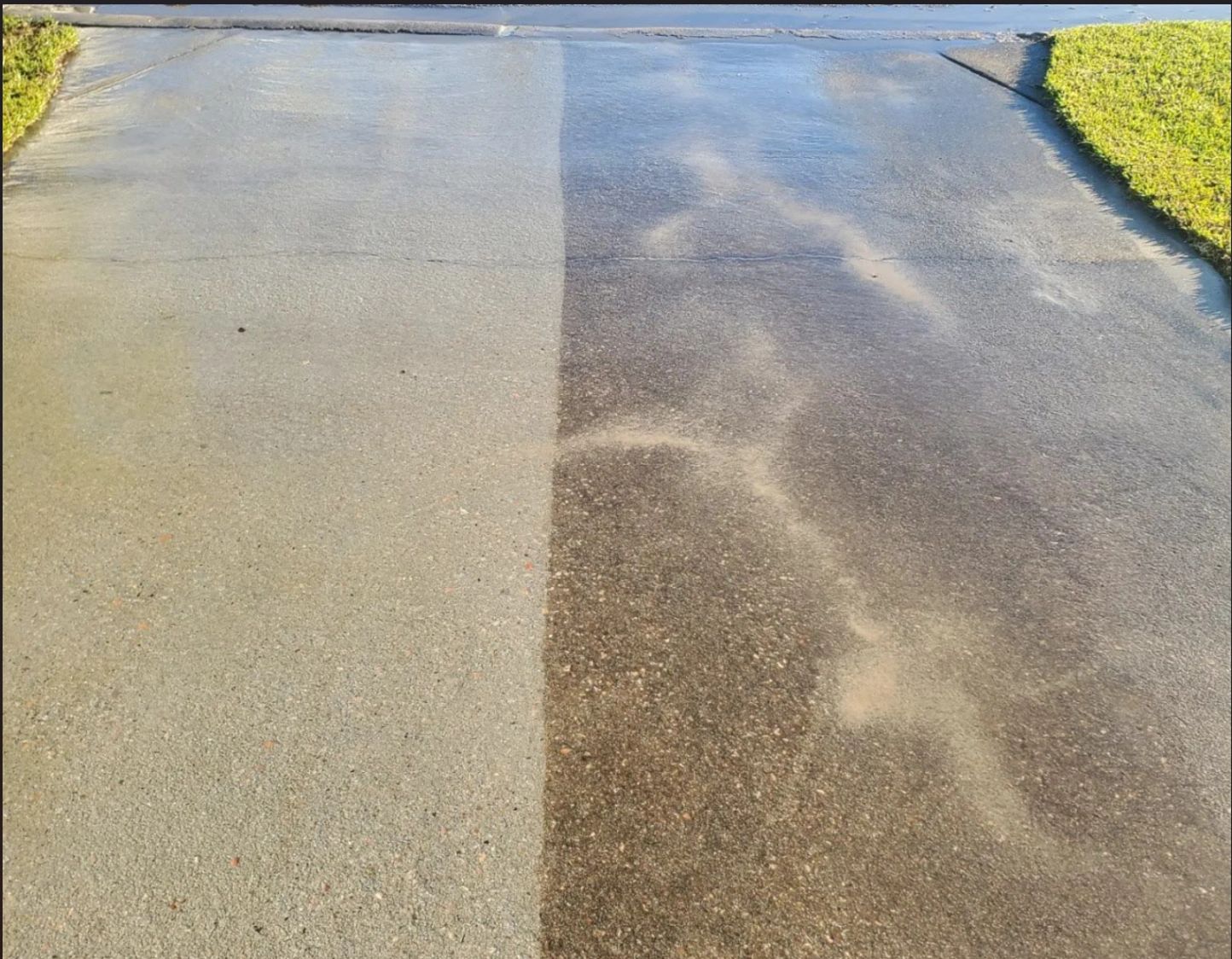Clean vs dirty driveway — before and after pressure washing